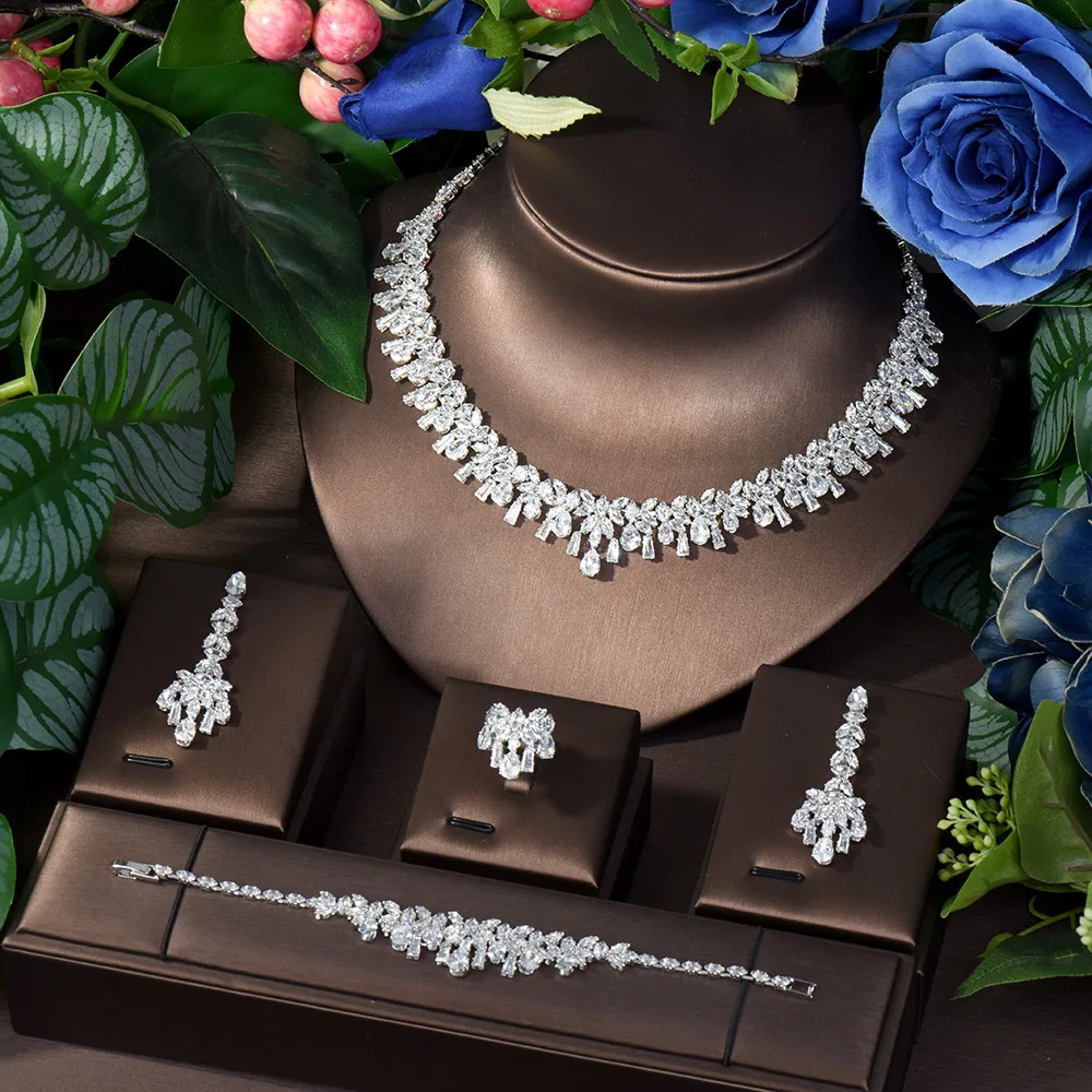 

HIBRIDE Luxury Necklace Long Drop Earring Sets Cubic Zirconia Dubai Nigeria Women Bridal Wedding Jewelry Accessories N-259