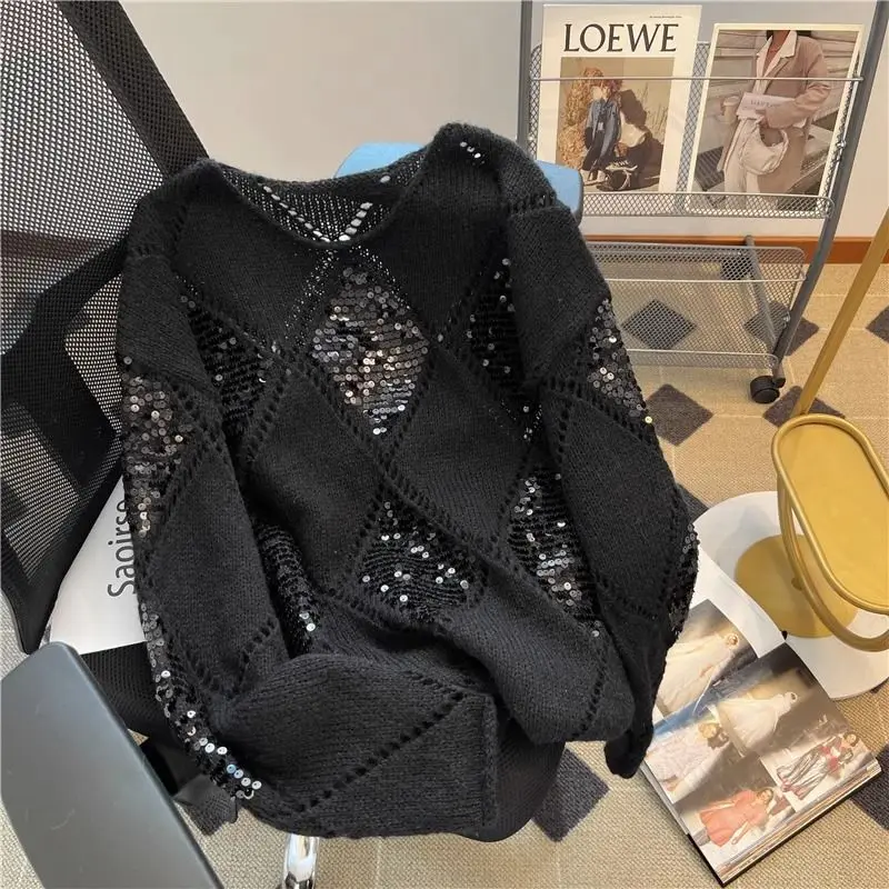 Matakawa Hollow Out Sequins Women Sweaters Korean Fashion Autumn Winter Loose Pull Femme Solid Vintage Thin Ropa De Mujer