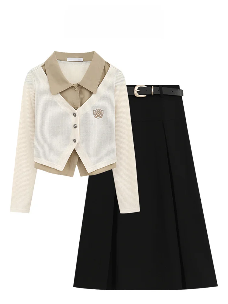 Polo Collar Shoulder Long sleeve Fake Two Pieces Knit Top Spring New Design Pleated Skirt Two-piece Set