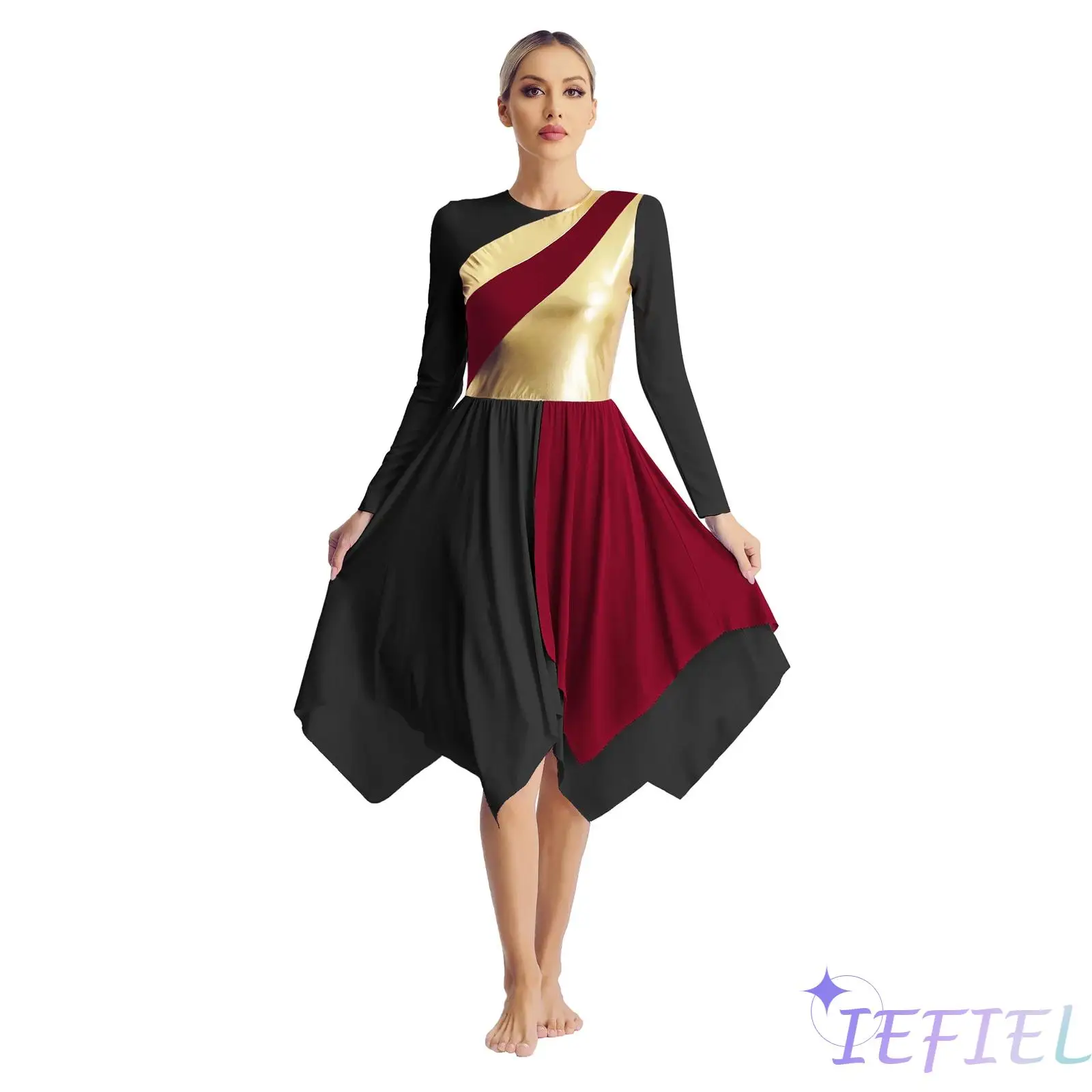 

Women Radiant Praise Worship Dancewear Long Sleeve Modern Dance Dress with Wide Leg Long Pants Church Contemporary Dance Costume