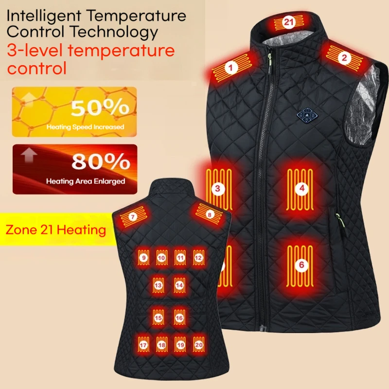 Women 21 Heating Zones Heated Cotton Vest, Khaki Diamond Plaid Slim Fit Thermal Vest for Winter Outdoor