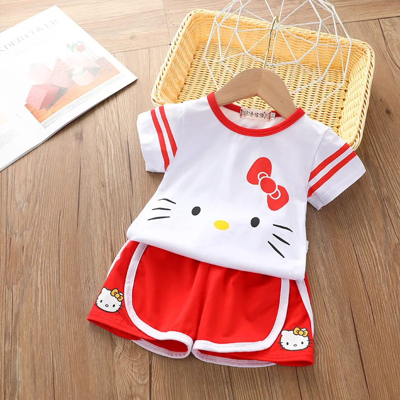 Hello Kitty New Children's Clothing Summer Girls Cute Cat Print Two-piece Children's Cotton Round Neck T-Shirt + Shorts Set