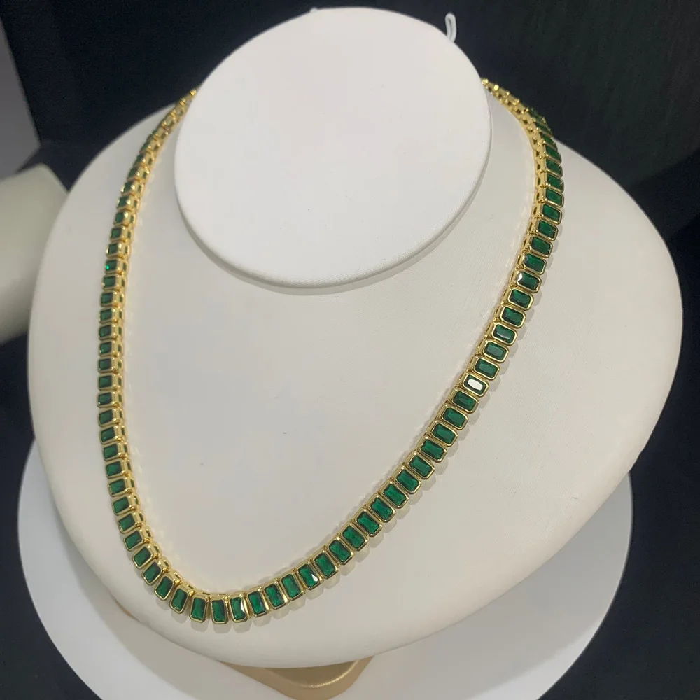 

Luxury Emerald Rectangle CZ Tennis Necklaces for Women Paved Green Cubic Zirconia Gold Plated Color Fashion Jewelry for Party