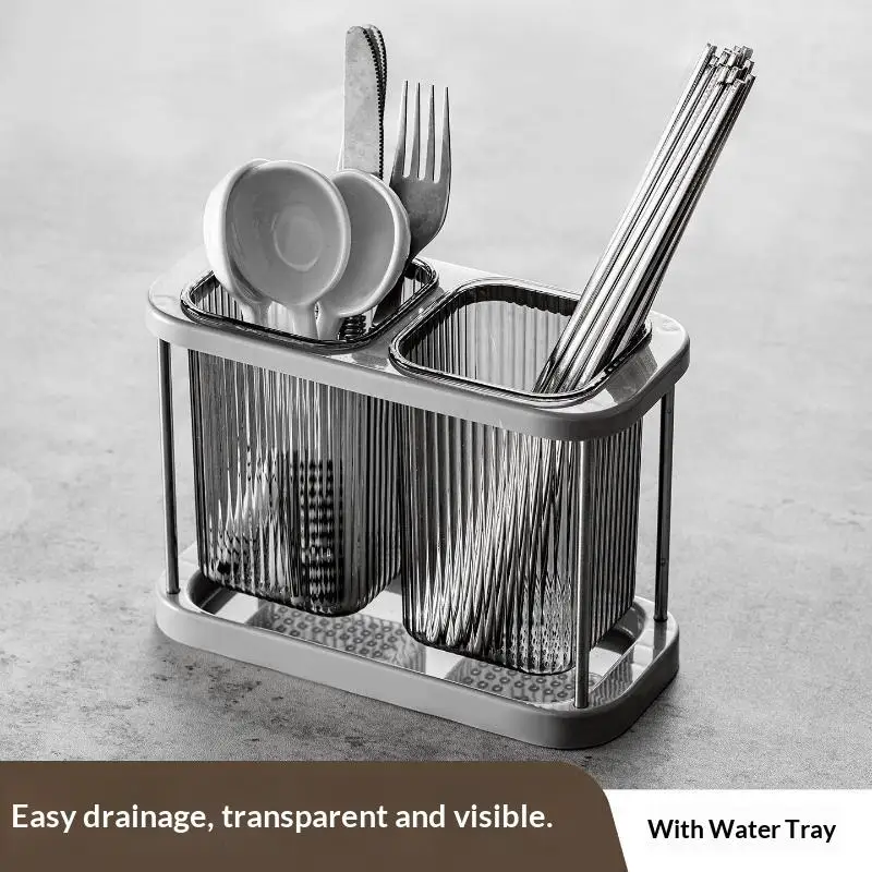 Chopstick Holder With Drain Tray Countertop Cutlery Storage Box Transparent Multifunctional For Kitchen Utensil Organizing