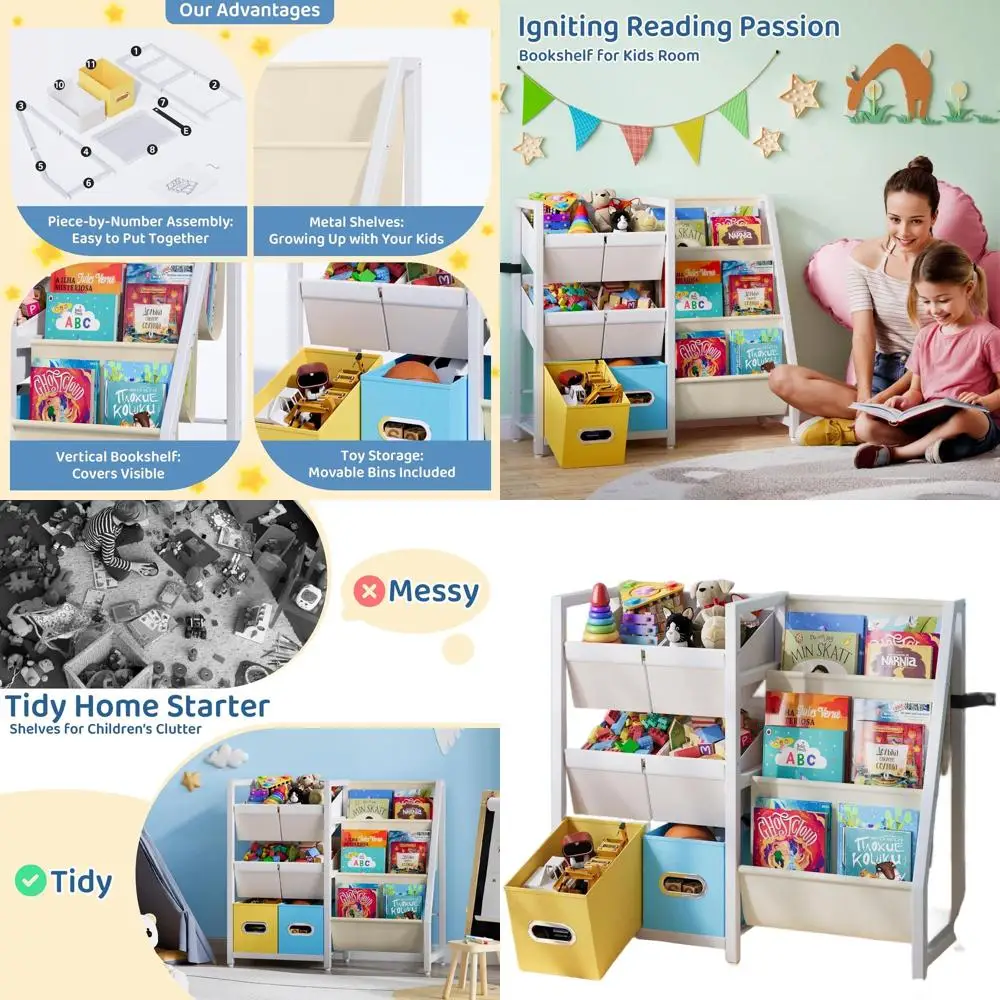 

Kids Bookshelf Toy Storage Organizer - Book Shelf for Kid Rooms, 6 Toy Bins for Kid Organizer and 3 Sling Kids Bookcase, Toddler