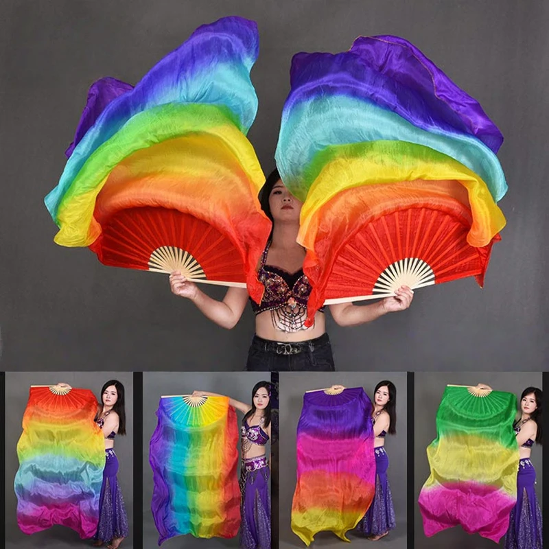 1pc Real Silk Belly Dance Veils Handheld Bamboo Fan Veil Dancer Preformance Show Prop Oriental Belly Dance Colorful Gradient Fan