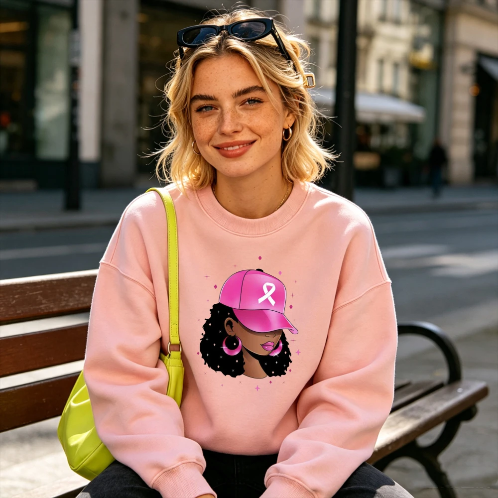 Stylish Black Girl with Cap Portrait Sweatshirt Women Loose Streetwear Round Neck Top Graphic Print Long Sleeve Pullover