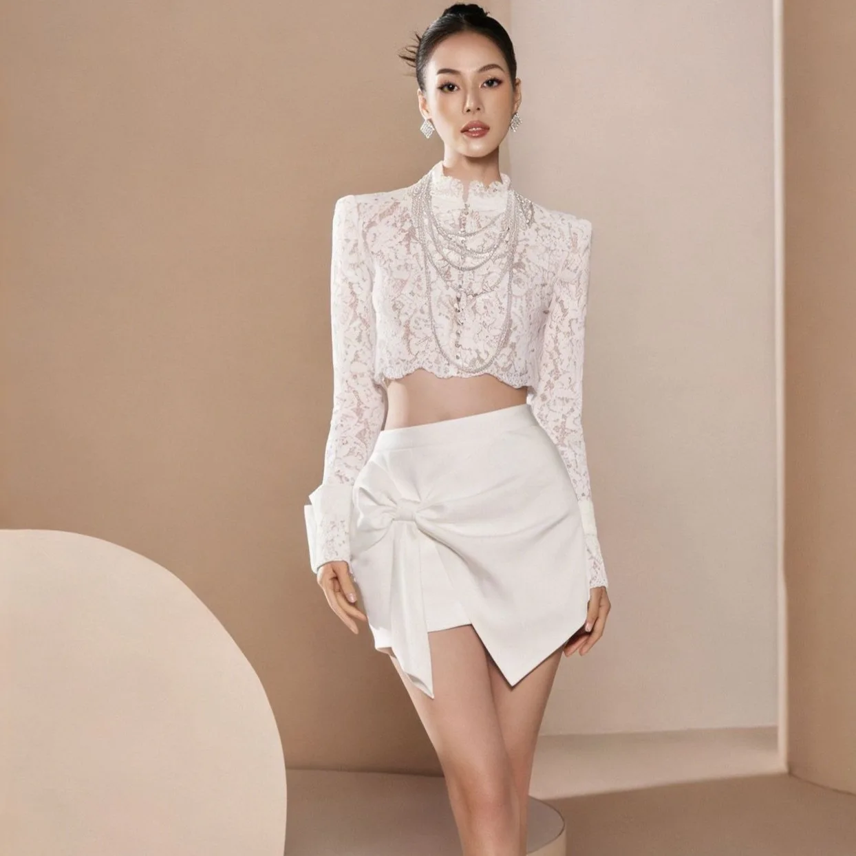 

Women's Fashion Set Spring Two-Piece Suit Lace Stand Collar Long Sleeve Top + Irregular Bow High Waist Mini Skirt Hight Street