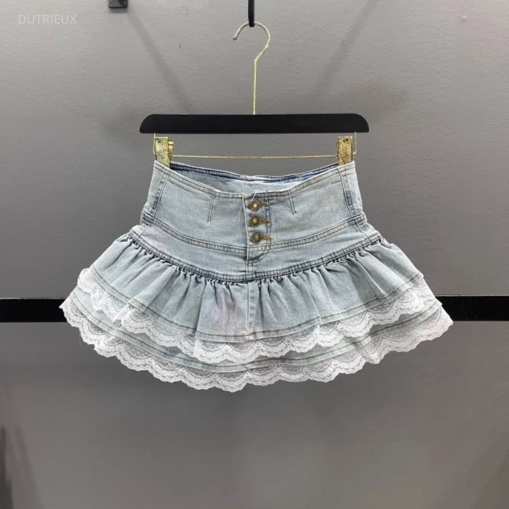 Vintage Lace Flower Denim Faldas New Slim A-line Spice Girls Pure Desire Mujer Falda Ball Gown Cake Personalized Skirts
