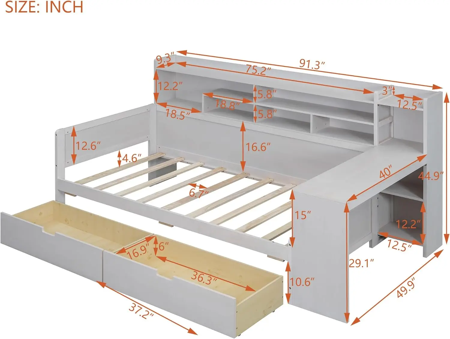 Lit de Jour Double avec Étagères de Rangement, 2 Tiroirs de Proximité et Bureau, CapAF en Bois Enrichi avec Bibliothèque pour Enfants, Garçons, Bol, Adolescents