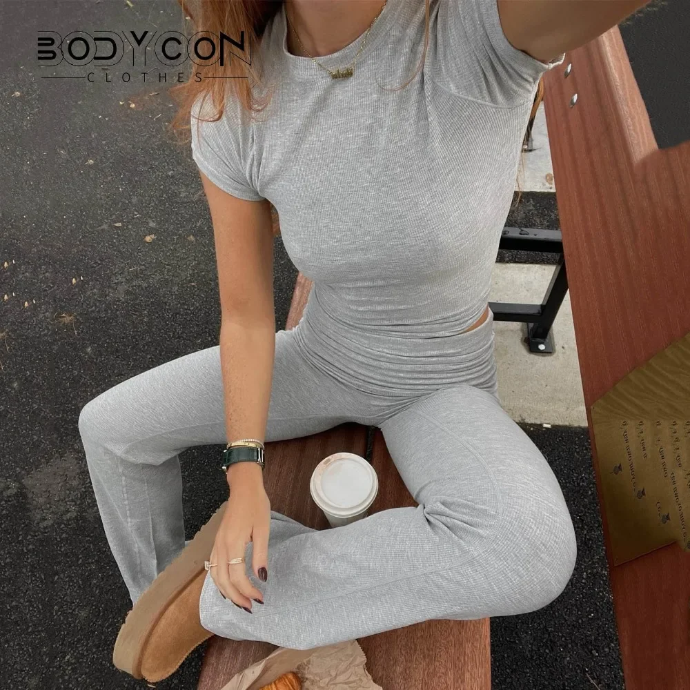 Women Casual Slim Fit 2 Piece Set Short Sleeve Crop Tops + Pants Elegant Matching Suit Vintage Y2K Rib Knitted T-shirt Outfits