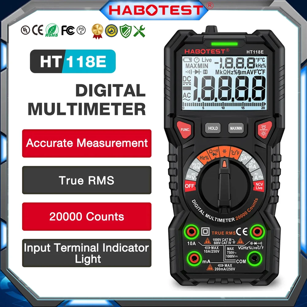 HABOTEST HT118 Multimeter Digital 20000 Counts Electrical Multitester Professional Ammeter Voltmeter Hz NCV Transistor Ohm Meter