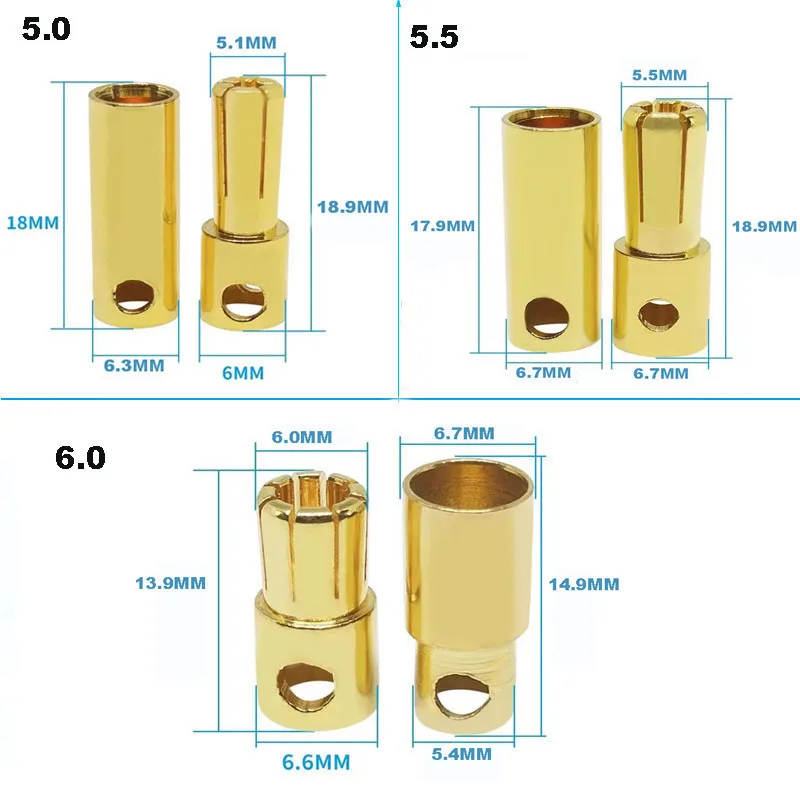 Bullet Banana Plug Gold-Plated Male and Female 2mm 3mm 3.5mm 4mm 5mm 6mm Connector Battery Plugs Kits for RC Battery Parts DIY L