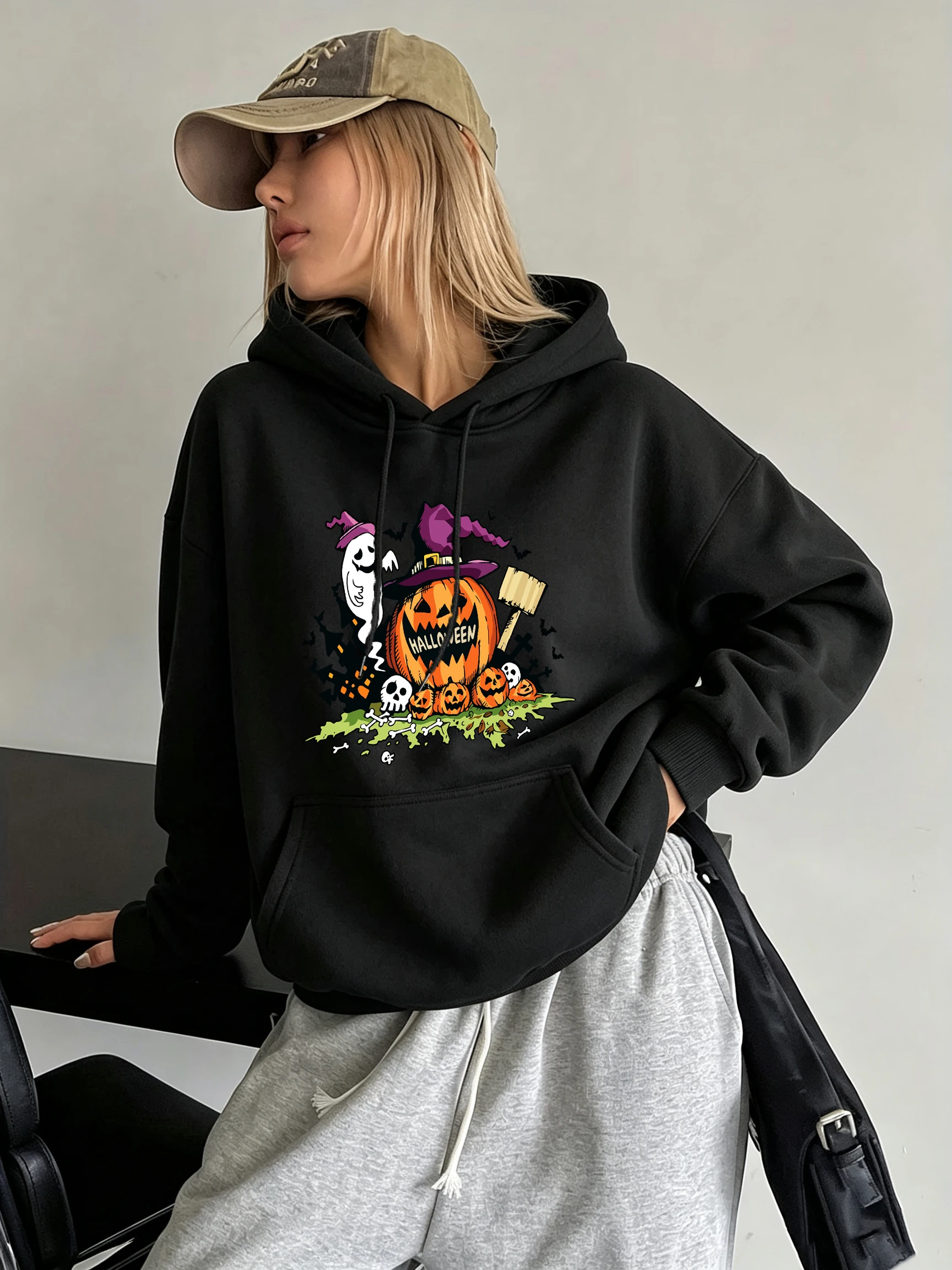 Halloween Graveyard Pumpkin Print Women'S Hoodies Korean Loose Hoody Pocket Comfortable Pullovers Autumn Fleece Streetwear