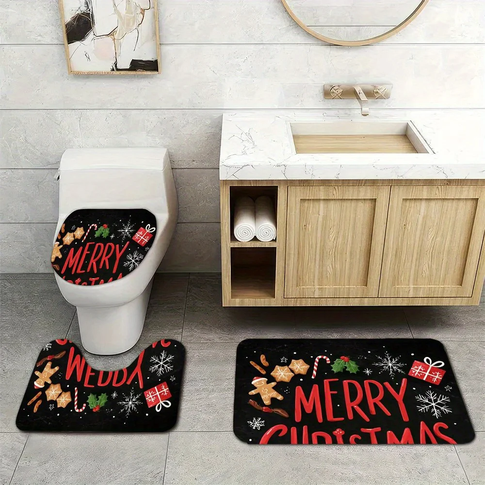 3pcs Christmas Bathroom Rug Set with Merry Christmas & Welcome Patterns - Soft Flannel, Machine Washable, Non-Slip Backing, Perf