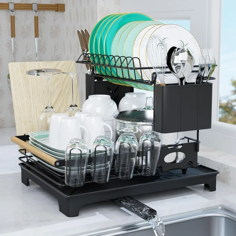 2 Tier Dish Drying Rack,  Rack with Drainboard Set, Kitchen Organizer with Cup Holder, Utensil Holder, Cutting-Board Holder