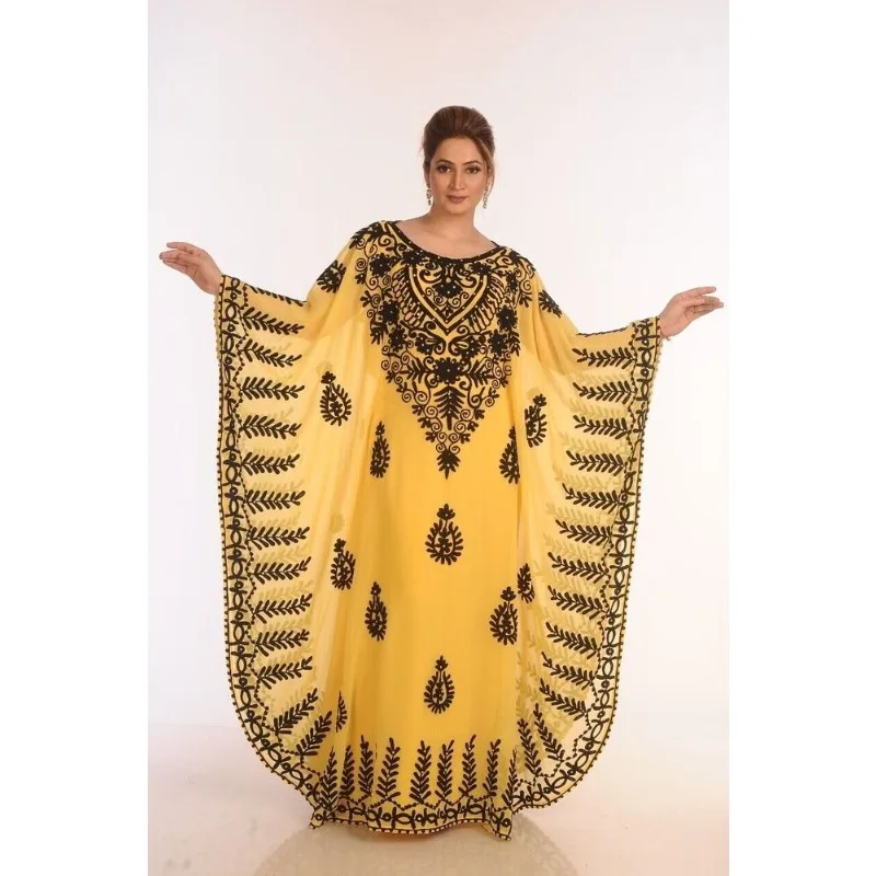 

Yellow Morocco Dubai Kaftan Haldi Celebrates Farasha Abaya Dress European and American Fashion Trend