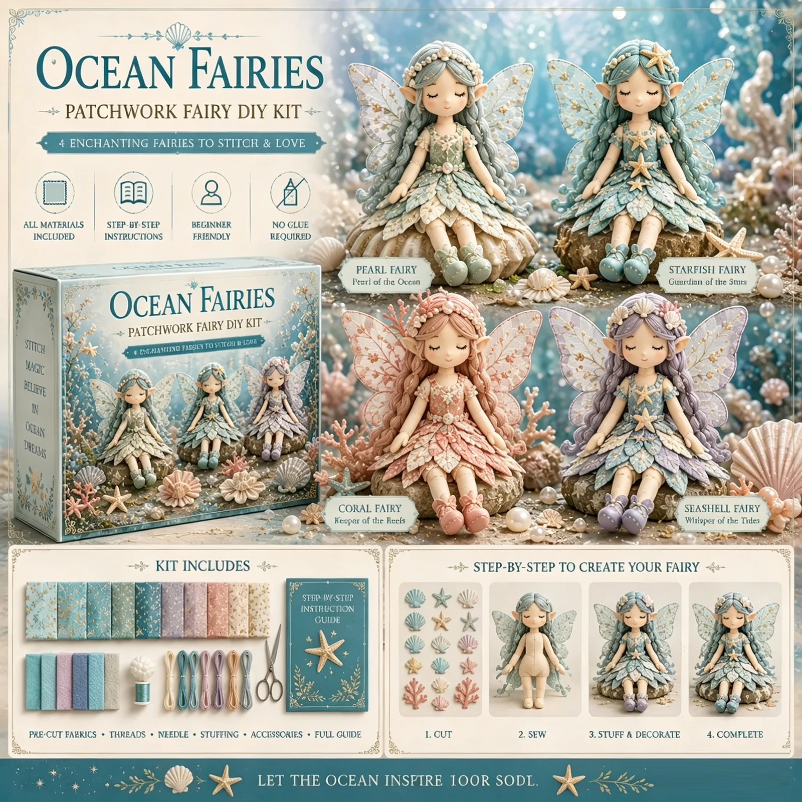 4Pcs Fairy Patchwork DIY Sewing Kit, Handmade Winged Fairies Cloth Figures Craft Set for Beginners Craft Lovers Gift, Home Decor