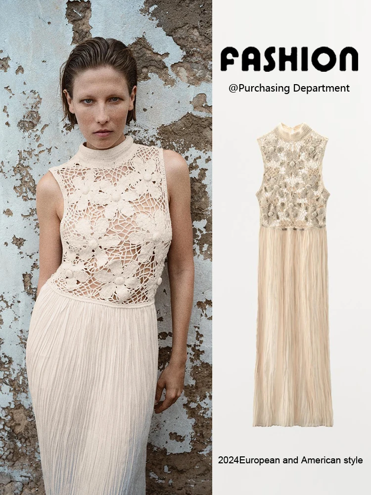 فستان عصري برقبة دائرية بدون أكمام مطرز بالزهور وصل حديثًا فستان نسائي متوسط ​​الطول للاحتفال بالحفلات