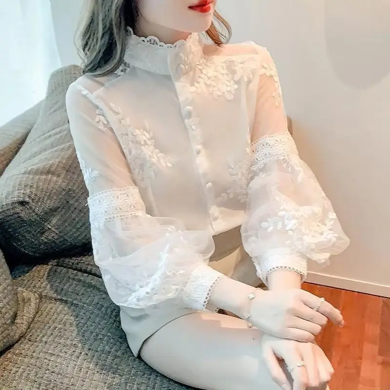 Fashion Korean White Blouse Women Blusas Stand Neck Chiffon Shirts Long Sleeve Ruffles Lace Blouses Vintage Elegant Femme Tops