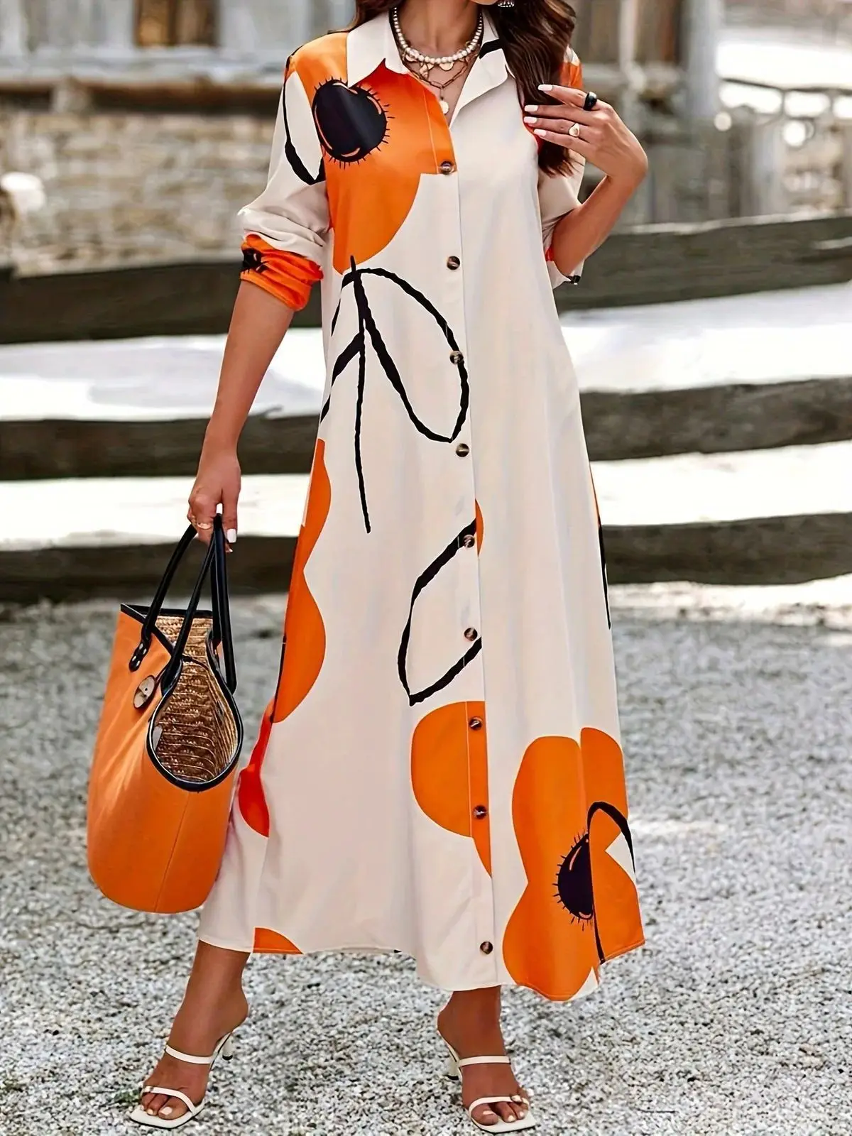 

2025 Spring and Autumn Women's Shirt Dress Long Sleeve Loose Lapel Button Cardigan Elegant Office Simple Fashion Long Skirt