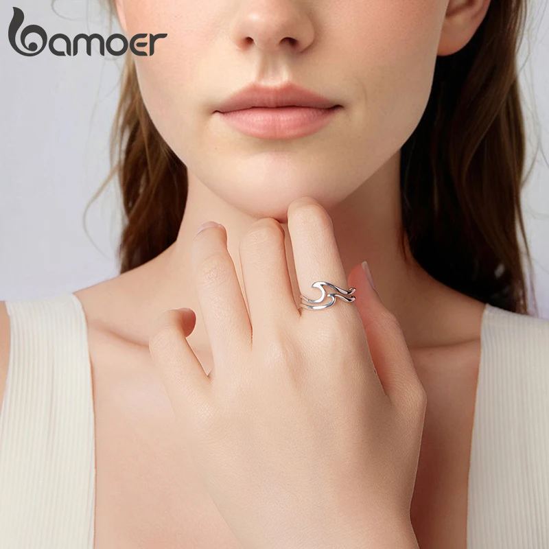 Bamoer 925 Sterling Silver Double layer Wavy V Style Band Rings Water Drop Open Ring Adjustable for Women Party Trend Jewelry