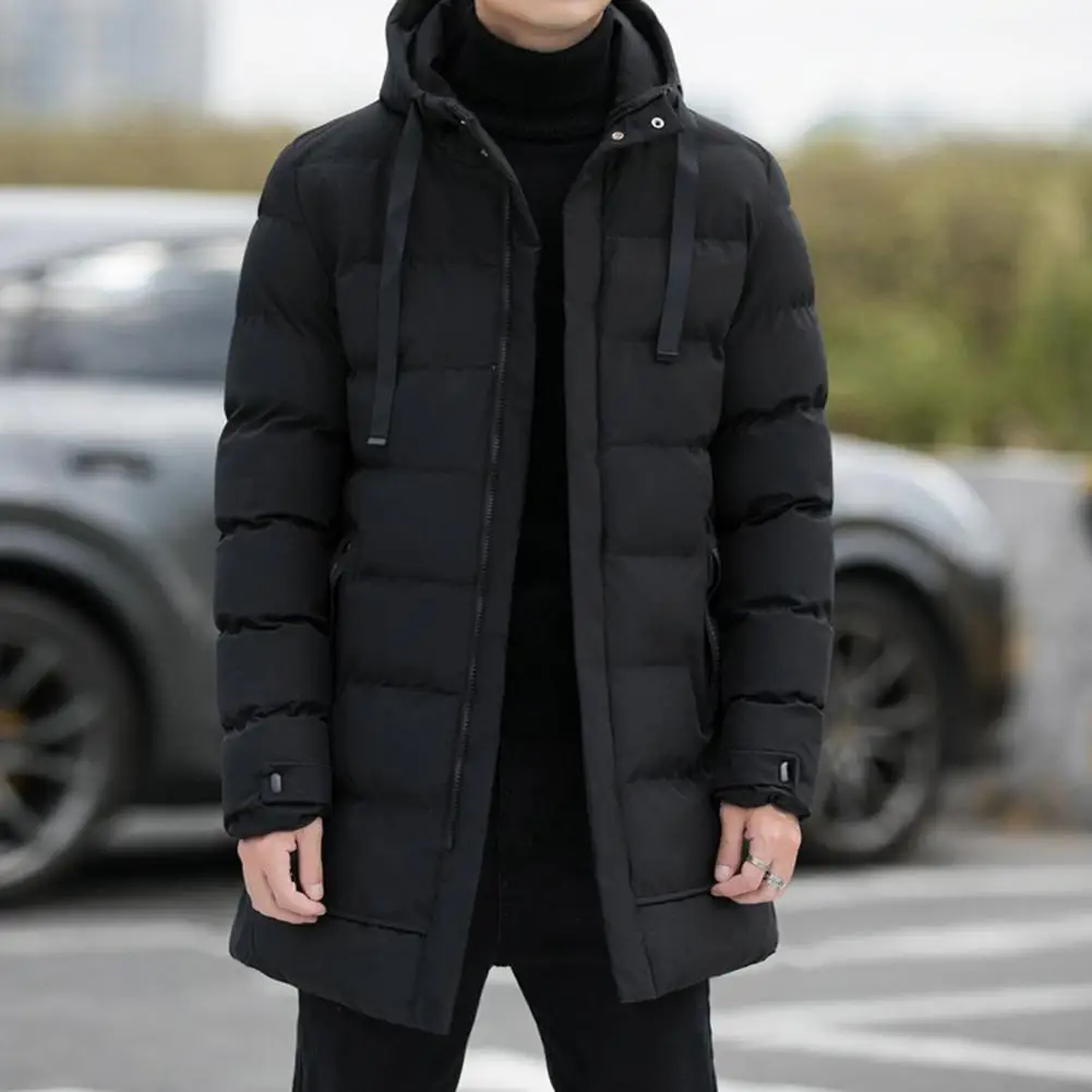 Men Cotton Coat Mid-length Quilted Outwear Men's Hooded Cotton Coat with Drawstring Zipper Placket Pockets Solid for Mid-length