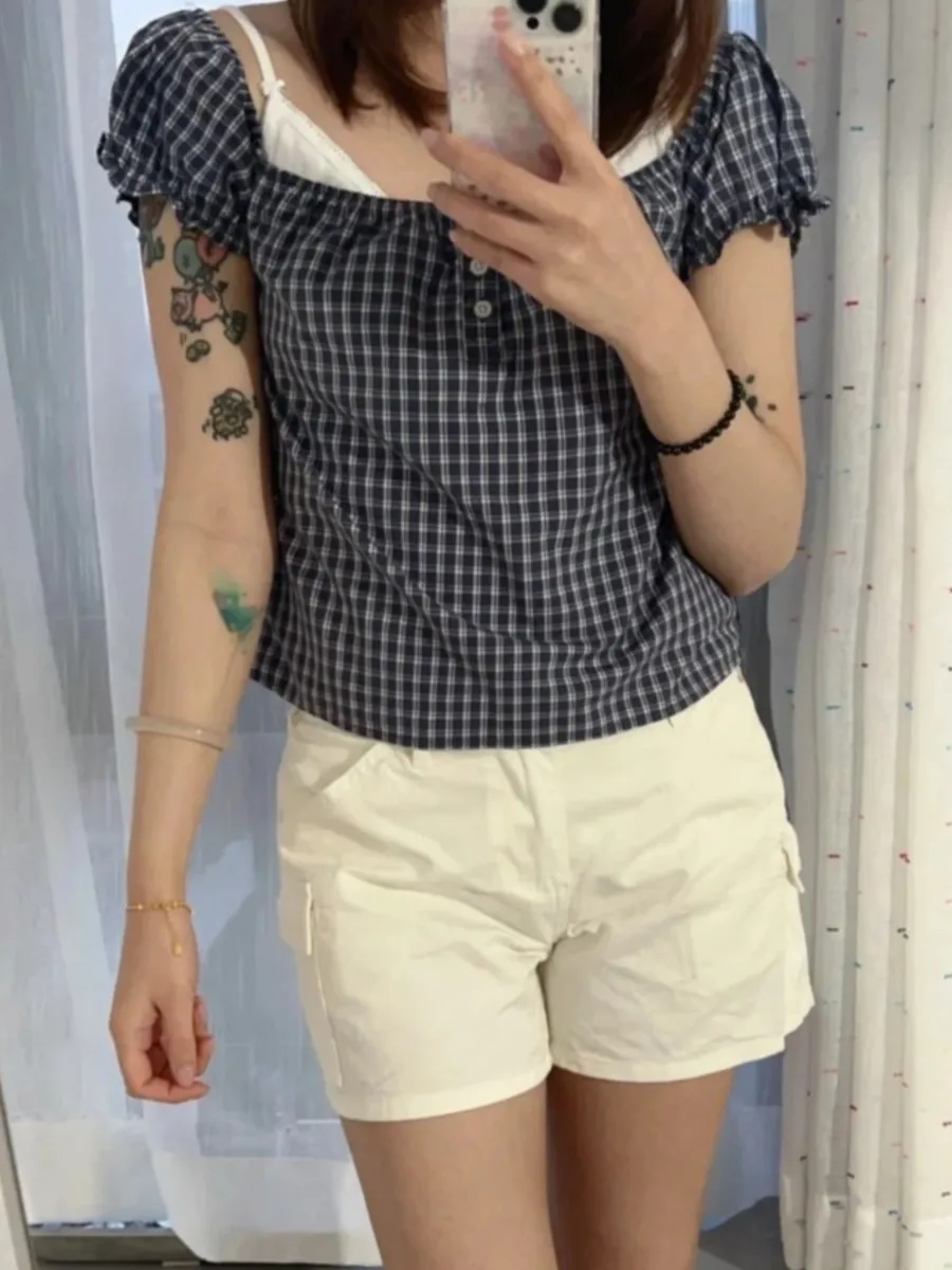Azul xadrez plissado rendas algodão manga curta camisetas femininas casual streetwear botão topos feminino vintage doce bonito y2k camisetas