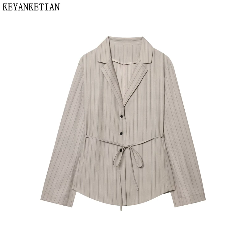 

KEYANKETIAN Spring/Autumn New Women's Adjustable Waist Striped Shirt Leisure style Single Breasted Long Sleeve Loose Blouses Top