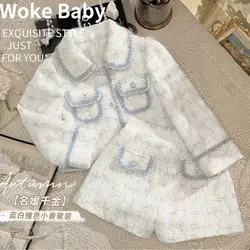 Girls Tweed Plaid Suit Autumn New Korean Fashion Plaid Elegant Small Fragrant Wind Jacket + Shorts 2pcs Sets