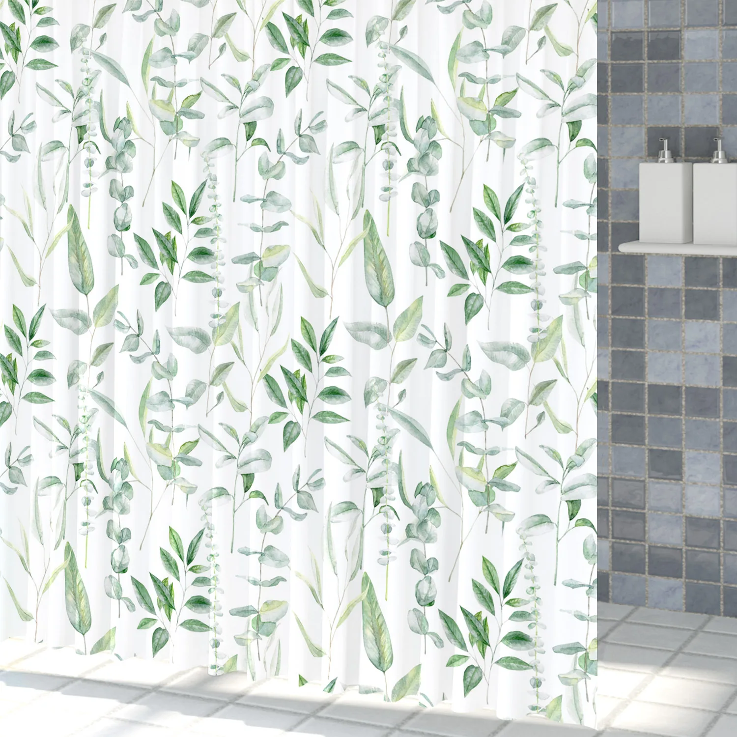 Watercolor Leaves Shower Curtain Nordic Style Flowers Green Plants Polyester Fabric Bathroon Decoration Curtains with 12 Hooks