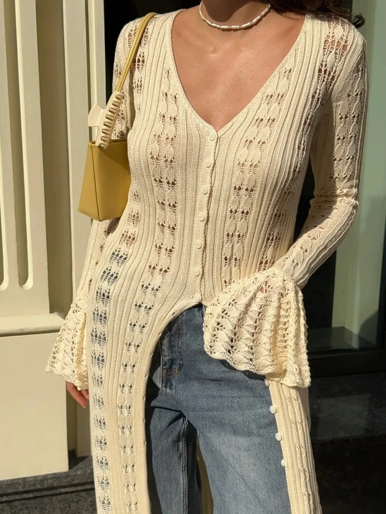 

Crochet Summer Long Cardigans For Women Flare Sleeve Loose Knitted Cardigans Ladies Thin Hollow Out Jackets Women Cardigans