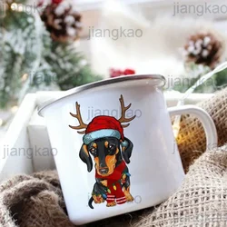 Dachshund Print Enamel Coffee Mug Christmas Party Wine Juice Cup Dessert Hot Cocoa Chocolate Handle Mug Xmas Gift for Dog Lovers