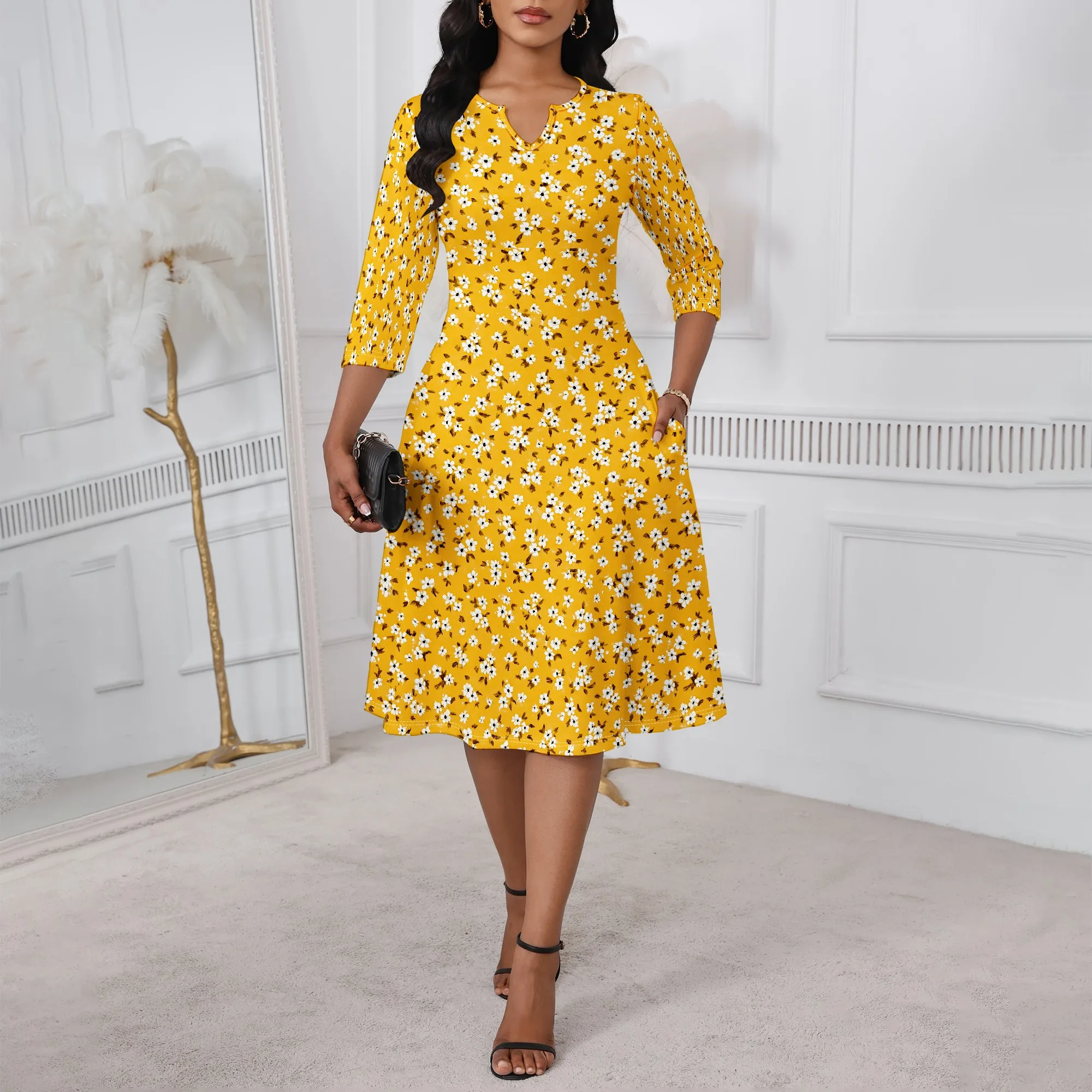 

Ladies' Casual Floral Dress, A-line and Flared Skirt, 3/4 Sleeve Cocktail Party Church Dress
