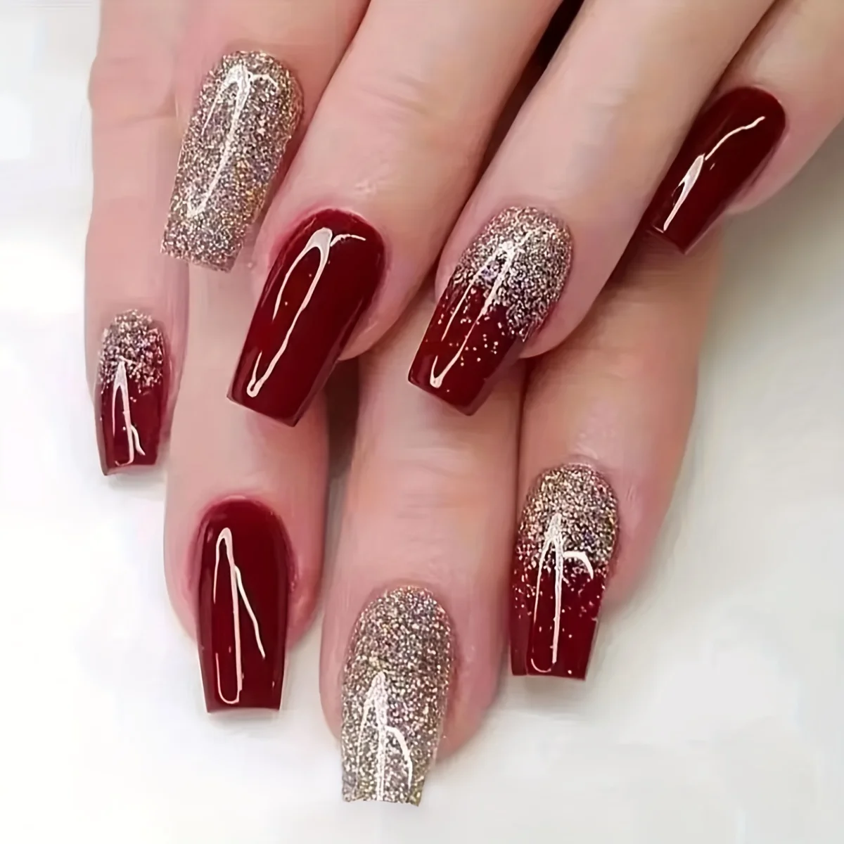 24pcs Golden Glitter Square Press On Nails - Medium Size Acrylic Wine Red Design for Bridal Wedding Use