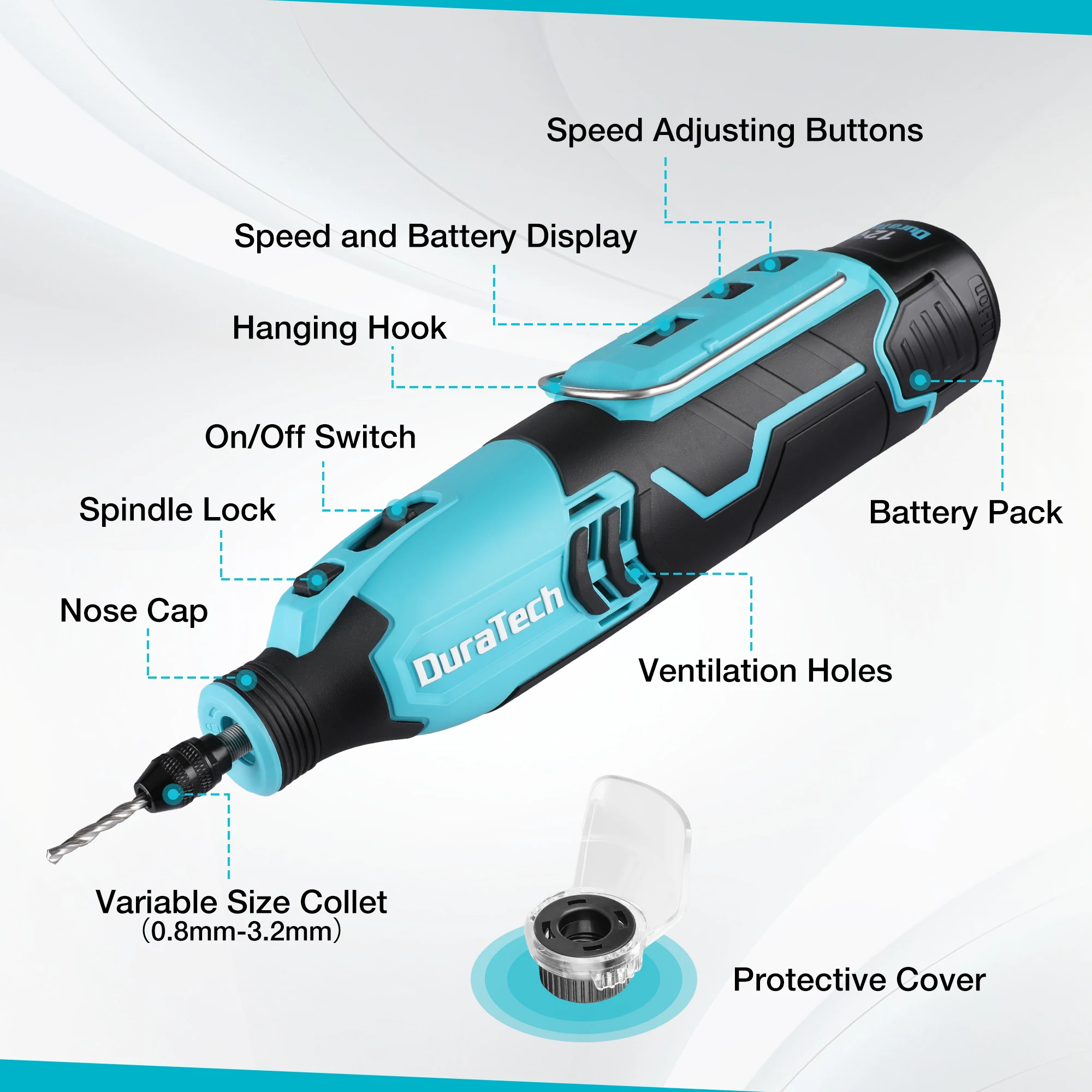 DURATECH 12V Cordless Rotary Tool with 5000-35000RPM 7 Variable Speed and 118PCS Accessories for Sanding Polishing Carving