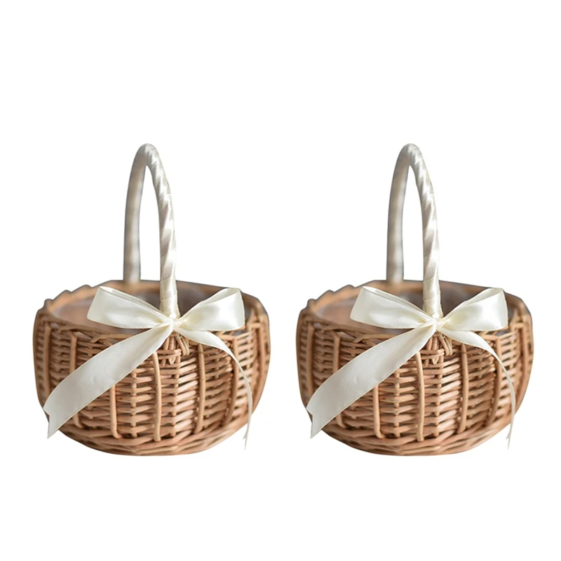 

2X Wicker Woven Flower Basket, With Handle And White Ribbon, Wedding Flower Girl Baskets, For Home Garden Decoration(L)