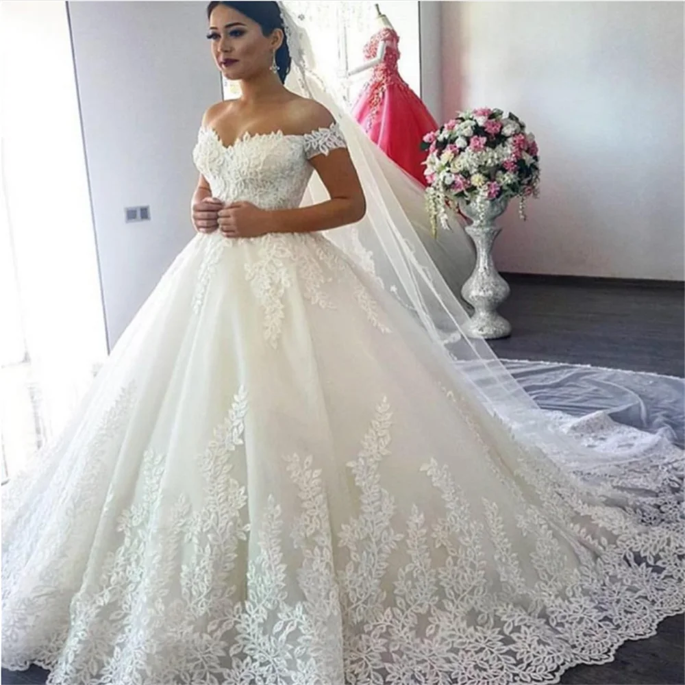 Luxury Princess Elegant Wedding Dresses For Woman Applique Lace Off Shoulder Sexy V Neck  Bride Gowns Customized 034