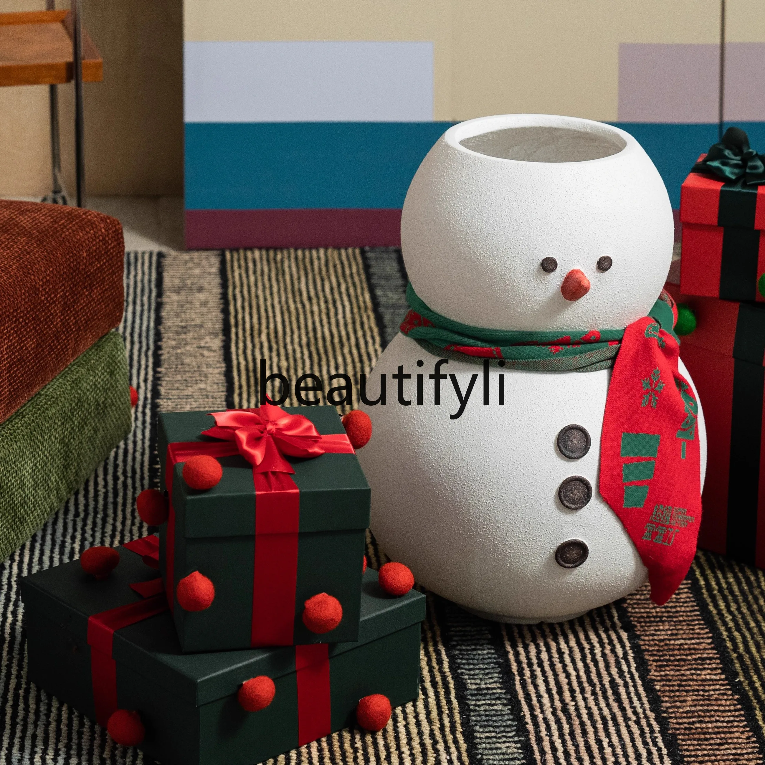 Cartoon flower pot floor-to-ceiling decoration Christmas gift snowman plant bonsai including scarf living room