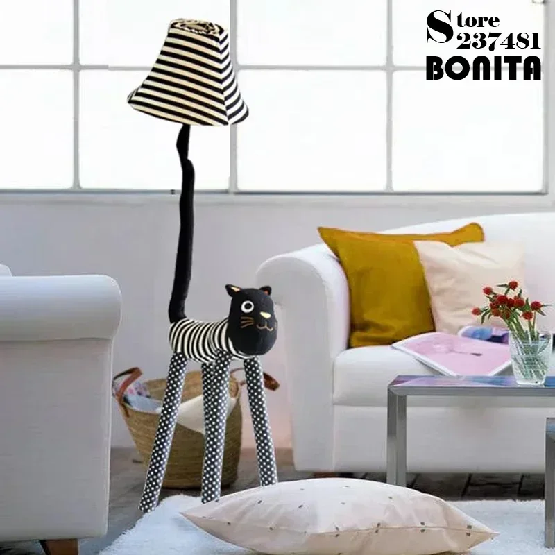 Christmas Gift Floor Lamp Living Room Children Room Floor Light Canvas Catoon Animal Striped Cat Feet Adjustable Stand Lamp