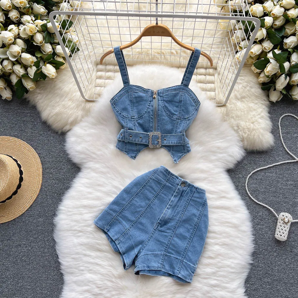 

Summer Women Denim Suits Elegant Zippers Camisole Tops And High Waist Wide Leg Jean Shorts Sexy 2pcs Set