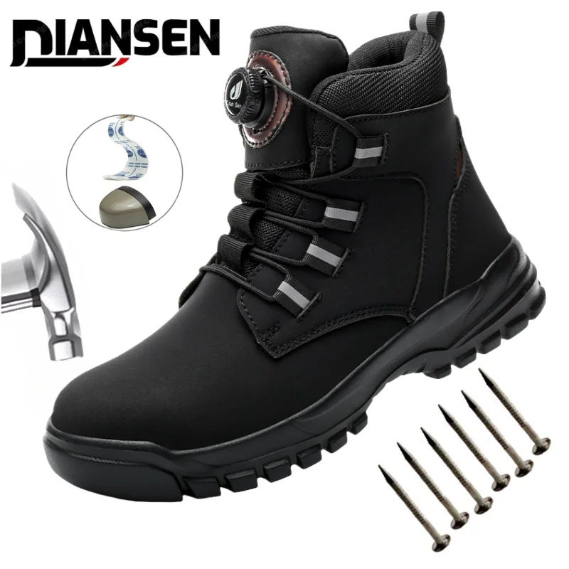 

Waterproof Men Work Botas Safety Steel Toe Indestructible Shoes Anti-smash Kevlar Insoles Rotating Button Industrial Boots