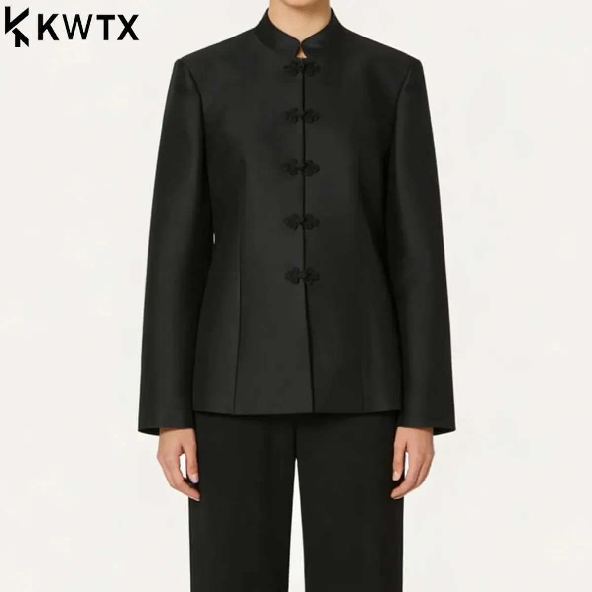 

Женский пиджак KWTX с воротником-стойкой и пуговицами-лягушками в китайском стиле, элегантный, для офиса, весна-лето 2026, модный, женственный, трендовый, модное пальто