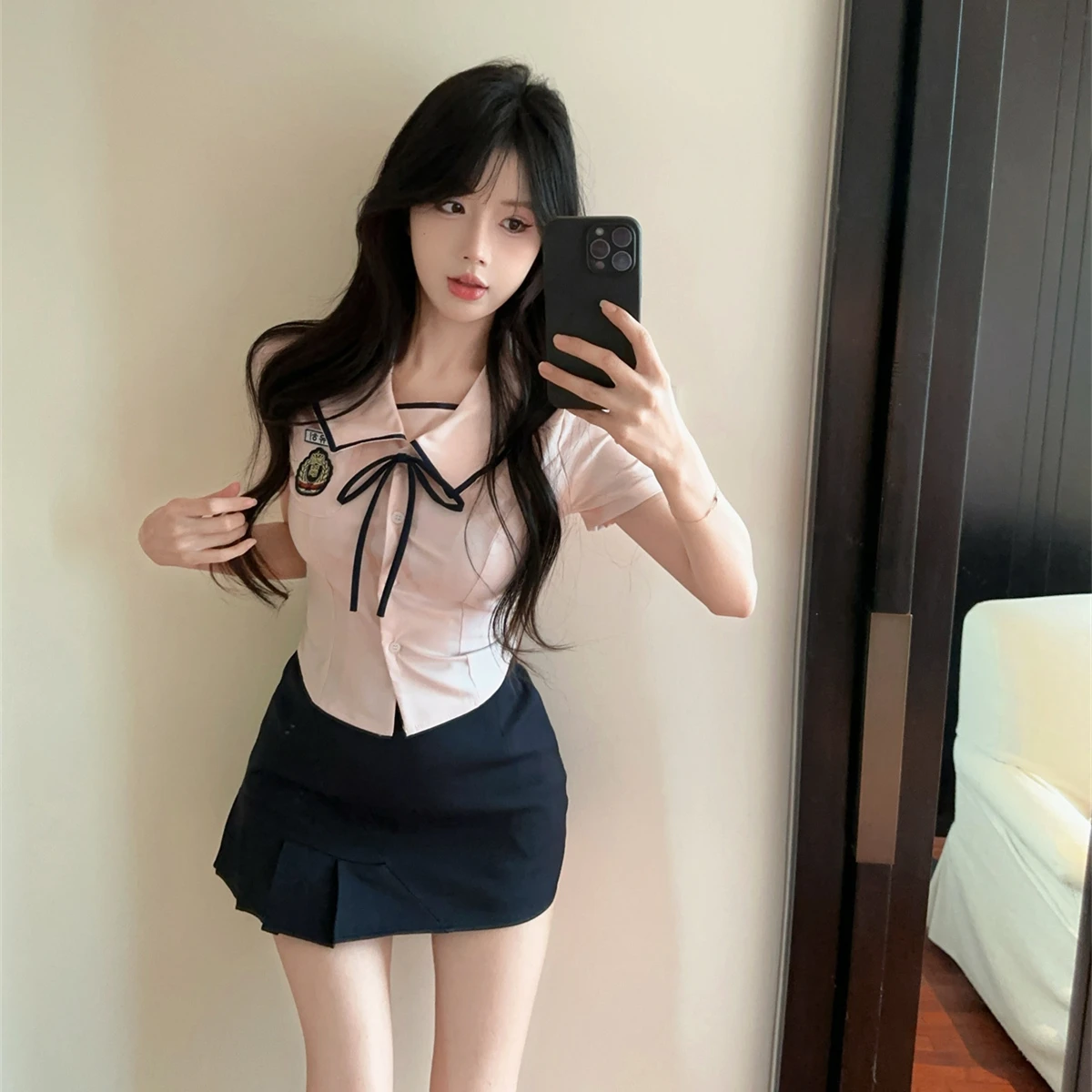 한국 스타일 JK 교복 분위기 세트 여름 신상 달콤하고 매운 소녀 허리 조임 반팔 하이웨이스트 스커트
