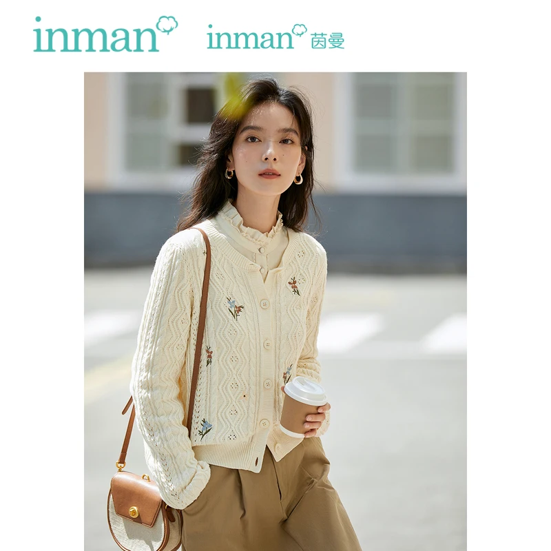 INMAN Women Knit Cardigan 2023 Autumn Long Sleeve Round Neck Loose Sweater Hollow Out Embroidery Casual All-match Outwear Tops