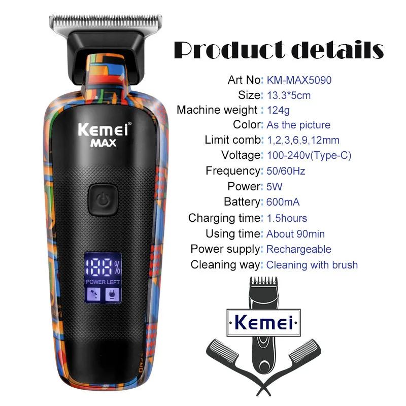 Kemei Digital Display Professional Barber Pusher For Men Hair Clipper Reciprocating Random Graffiti Pattern Electric Barber