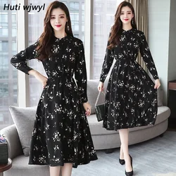 Autumn Winter Black Vintage Floral Chiffon Midi Dress Boho Beach Dress 2024 Elegant Women Party Long Sleeve Dress Party Vestidos