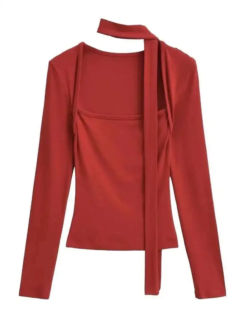 2024 Autunno/inverno New Sexy Spicy Girl Sciarpa a maniche lunghe Lace Up Pullover Vita stretta da donna Tinta unita Slim Top 16VJ