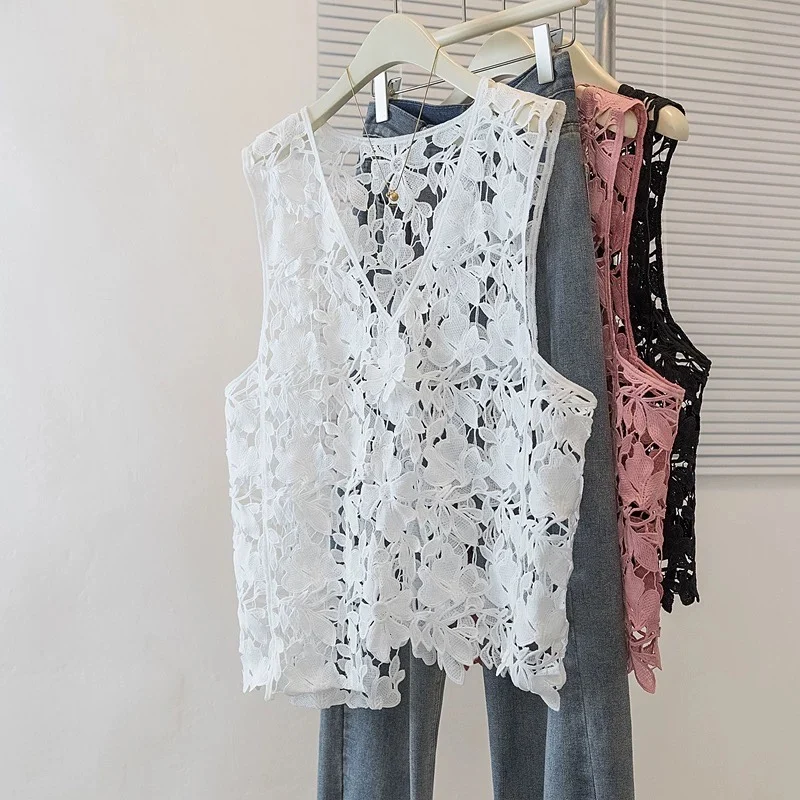Loose Fit Embroidered Vest Top Heavy Embroidery Pink Black Gradient Style Office Commute Style Outerwear Polyester Cotton Blend