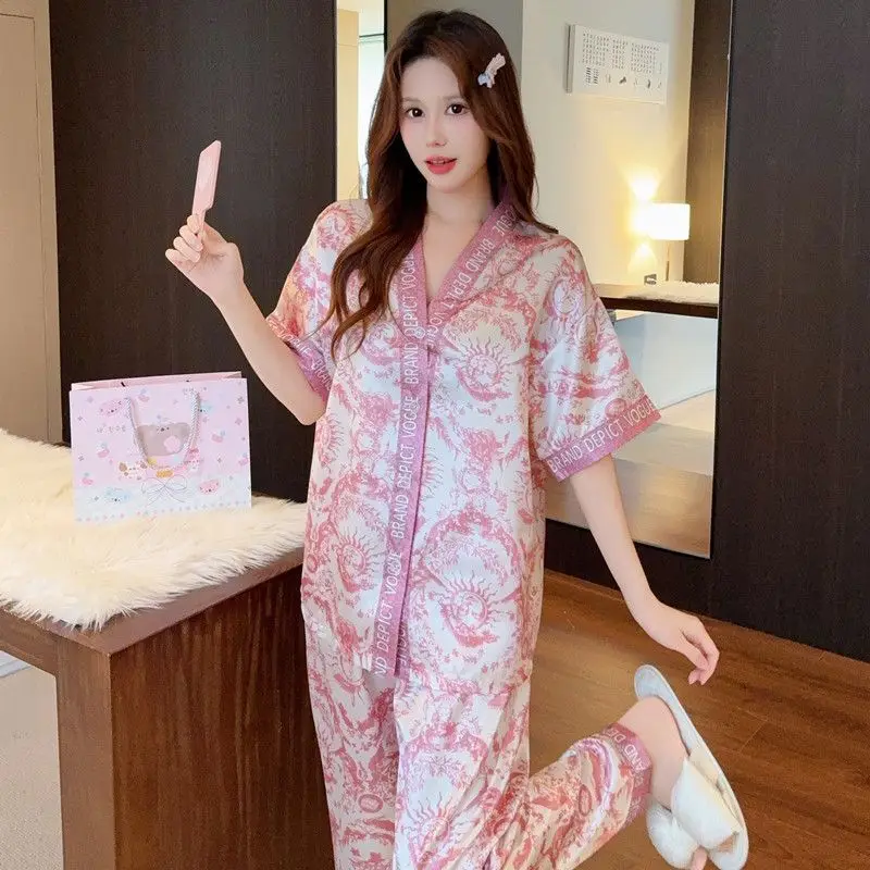 New Ice Silk Pajamas 2 Pieces Lady Pyjamas Y2K Shorts Long Sleeve Sleepwear Summer Nightgown Kawaii Pijama Home Wear New Arrival